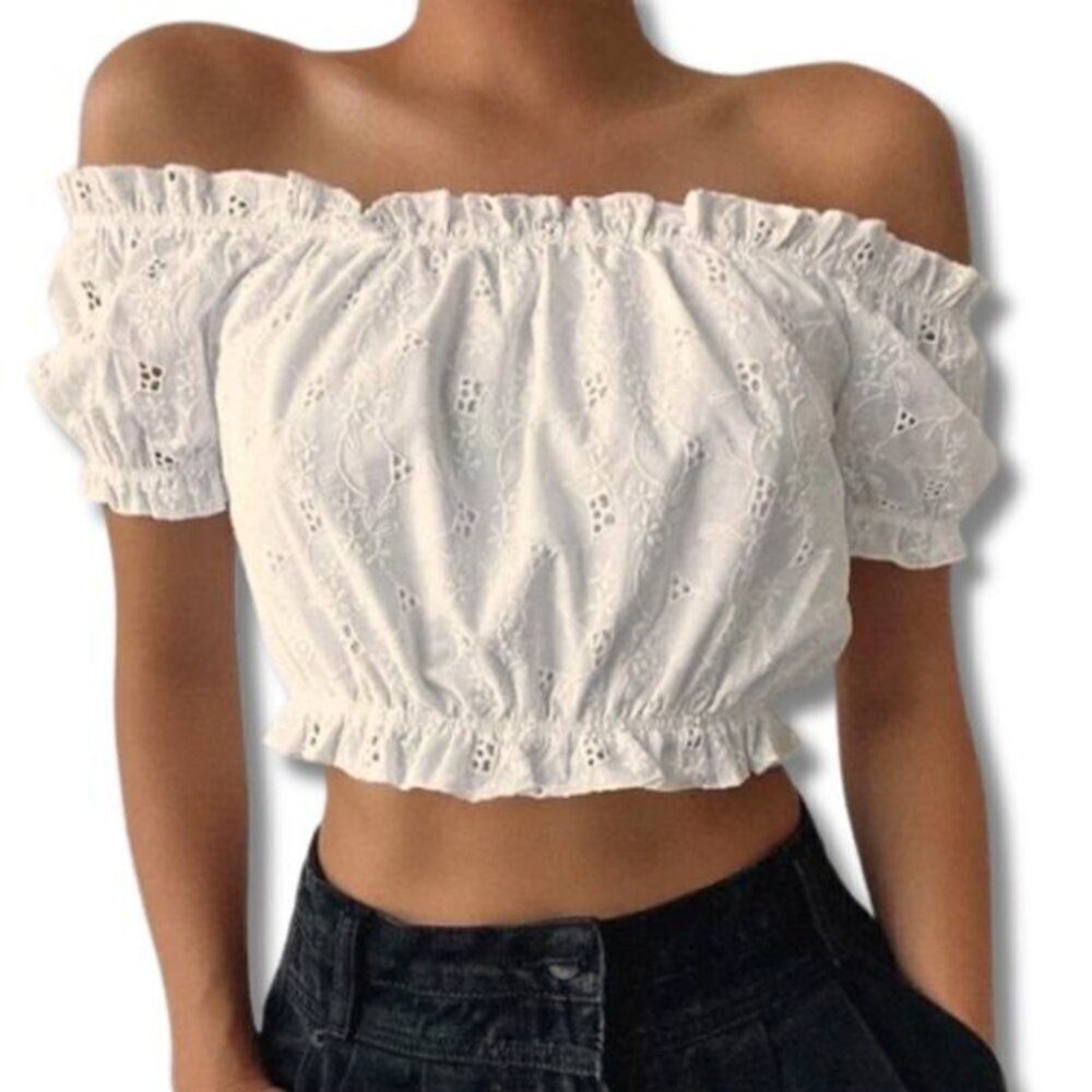Off White Cream Eyelet Cropped Off Shoulder Top - Picture 2 of 16